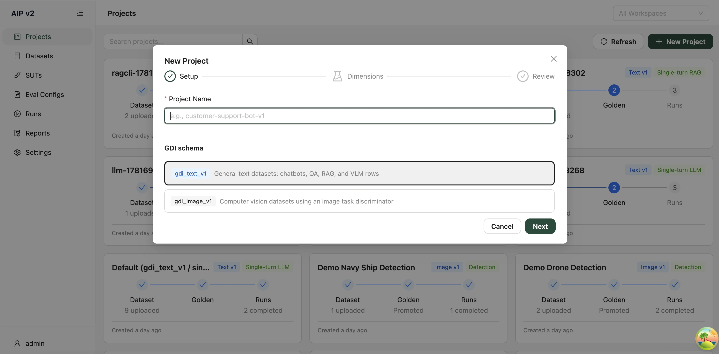 New Project wizard — Step 1: Setup (name and GDI schema)