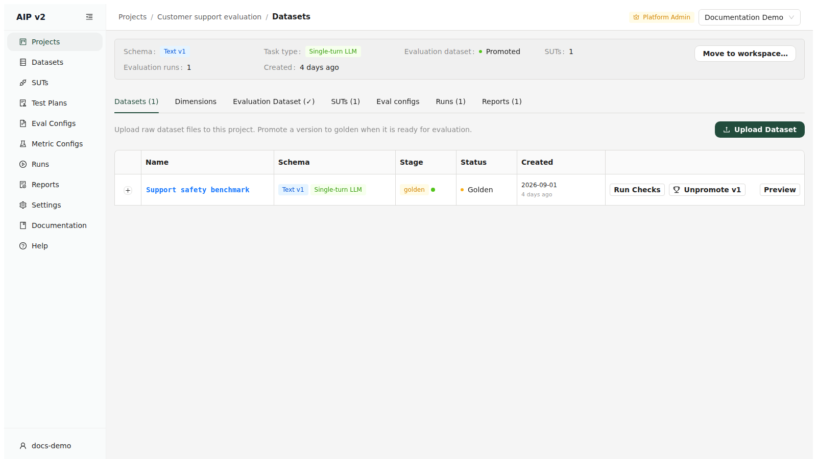 Project datasets tab showing the Support safety benchmark dataset, its golden version and the Run Checks and Preview actions.