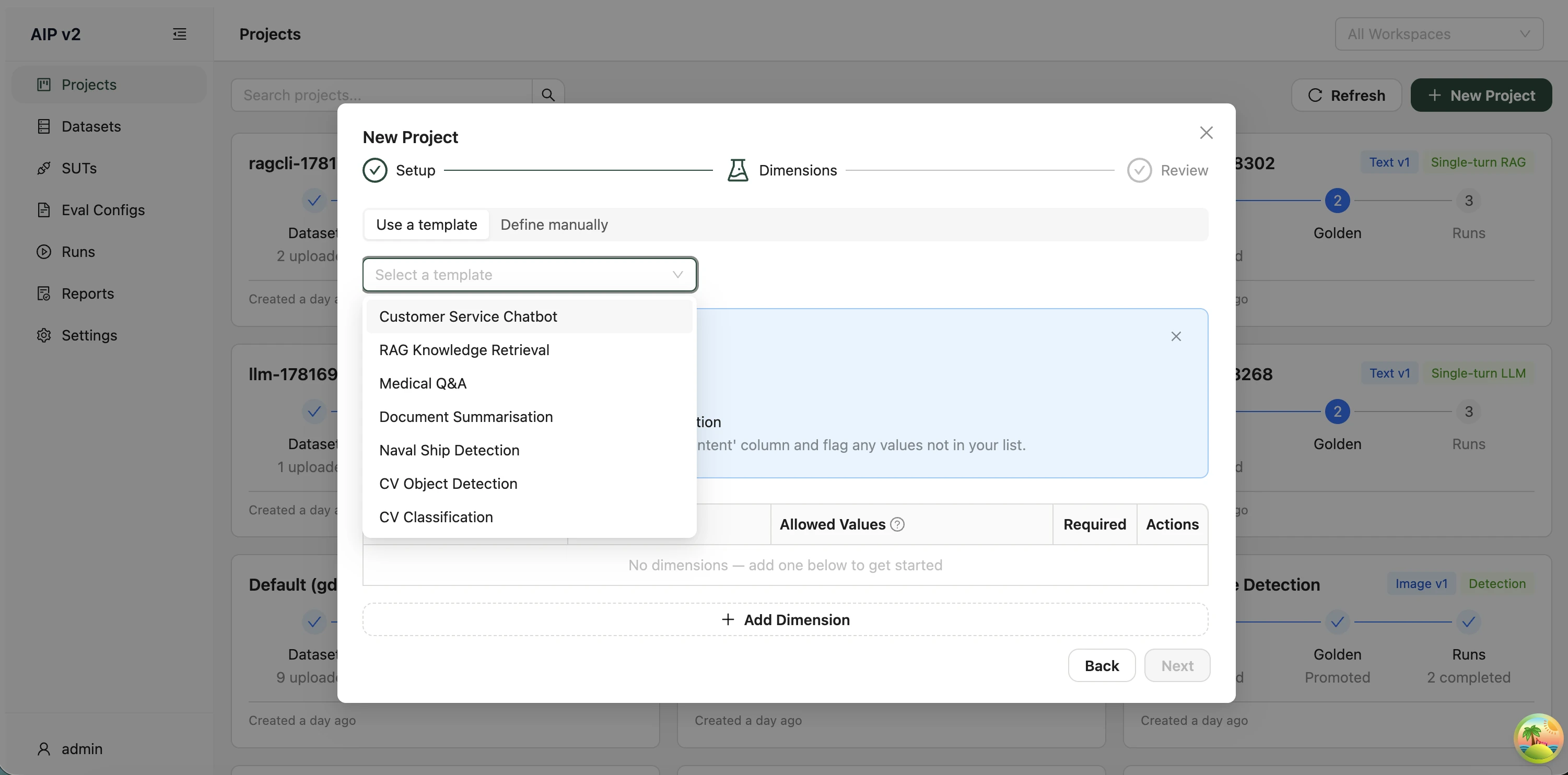 New Project wizard — Step 2: Dimensions