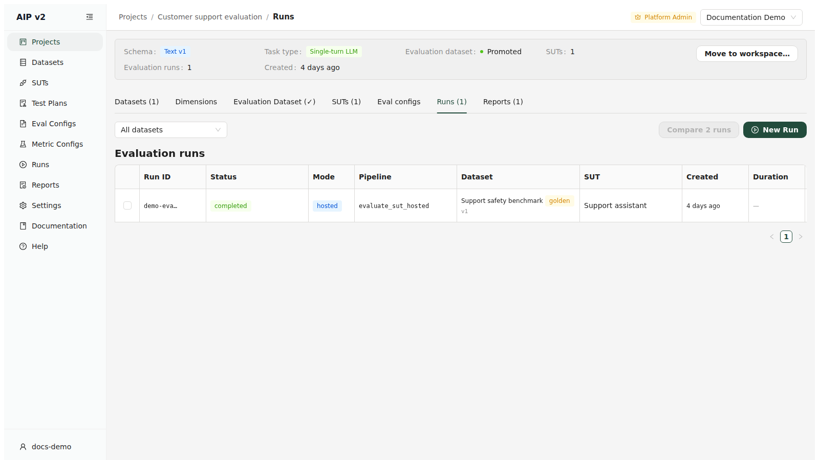 Project runs tab listing a completed evaluation against version 1 of the golden Support safety benchmark dataset.
