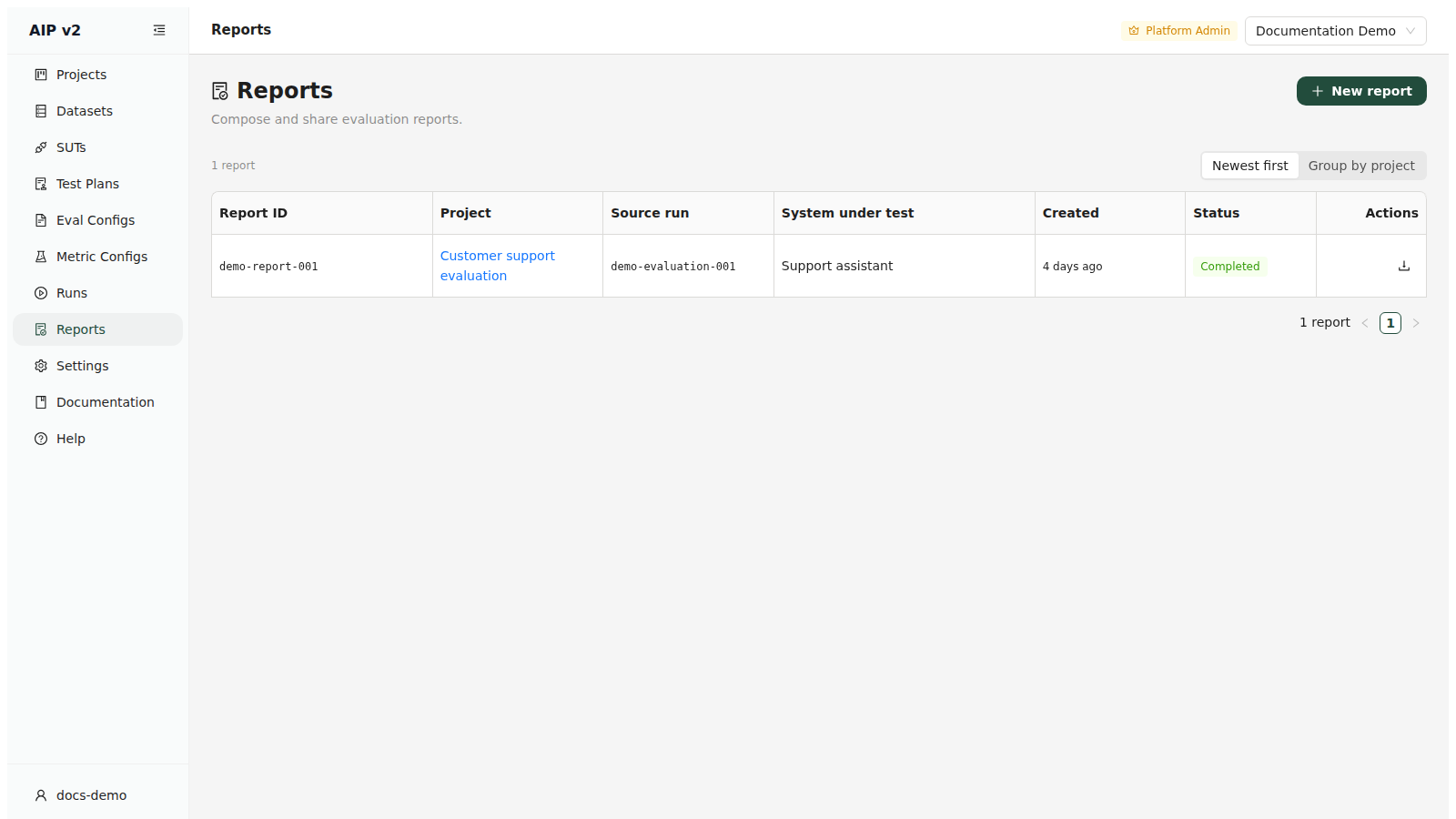 Reports page showing a completed report for the Customer support evaluation project and its source evaluation run.