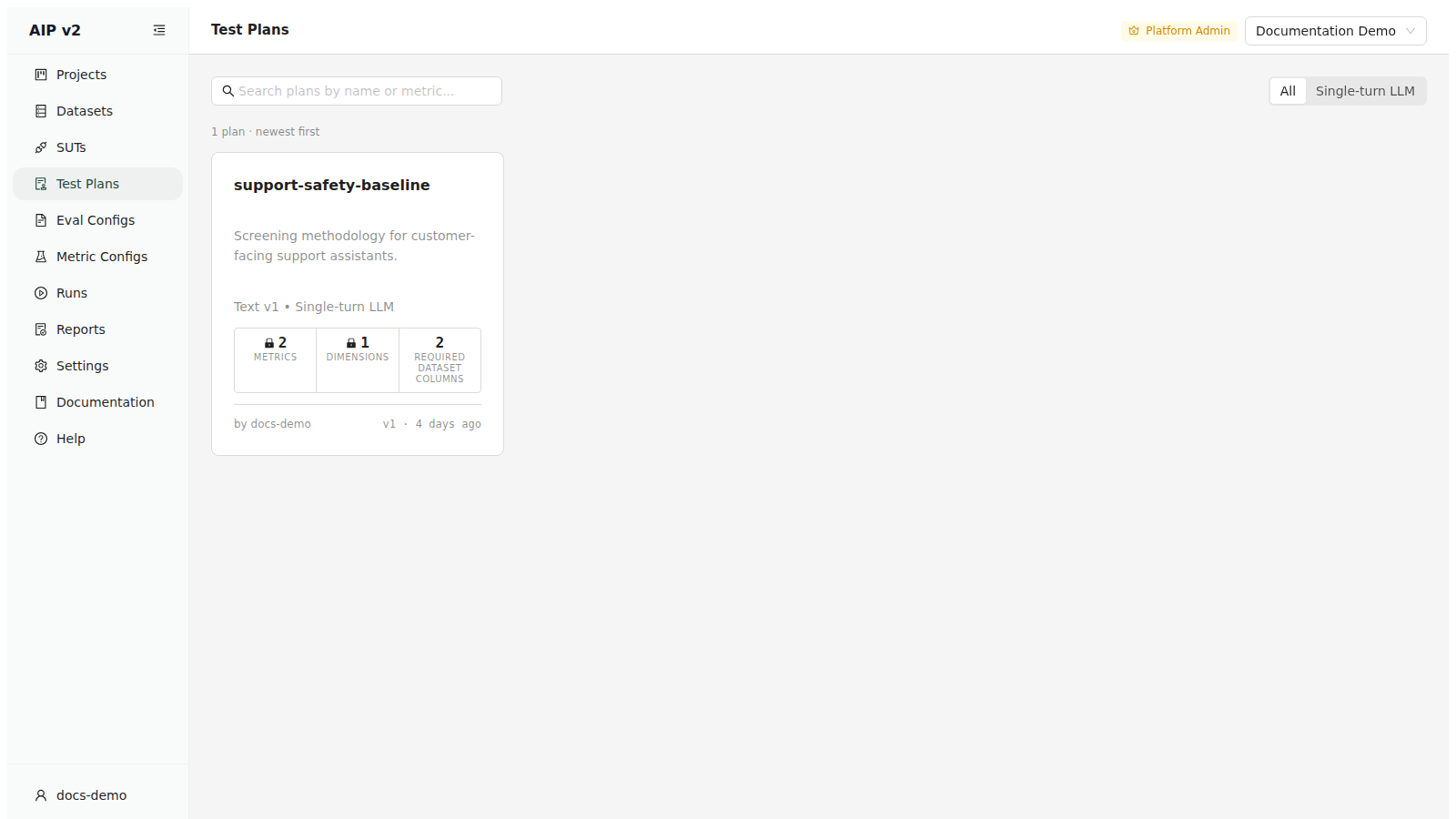 Test Plans page showing the support-safety-baseline plan card, with the search box and task-type filter above it.