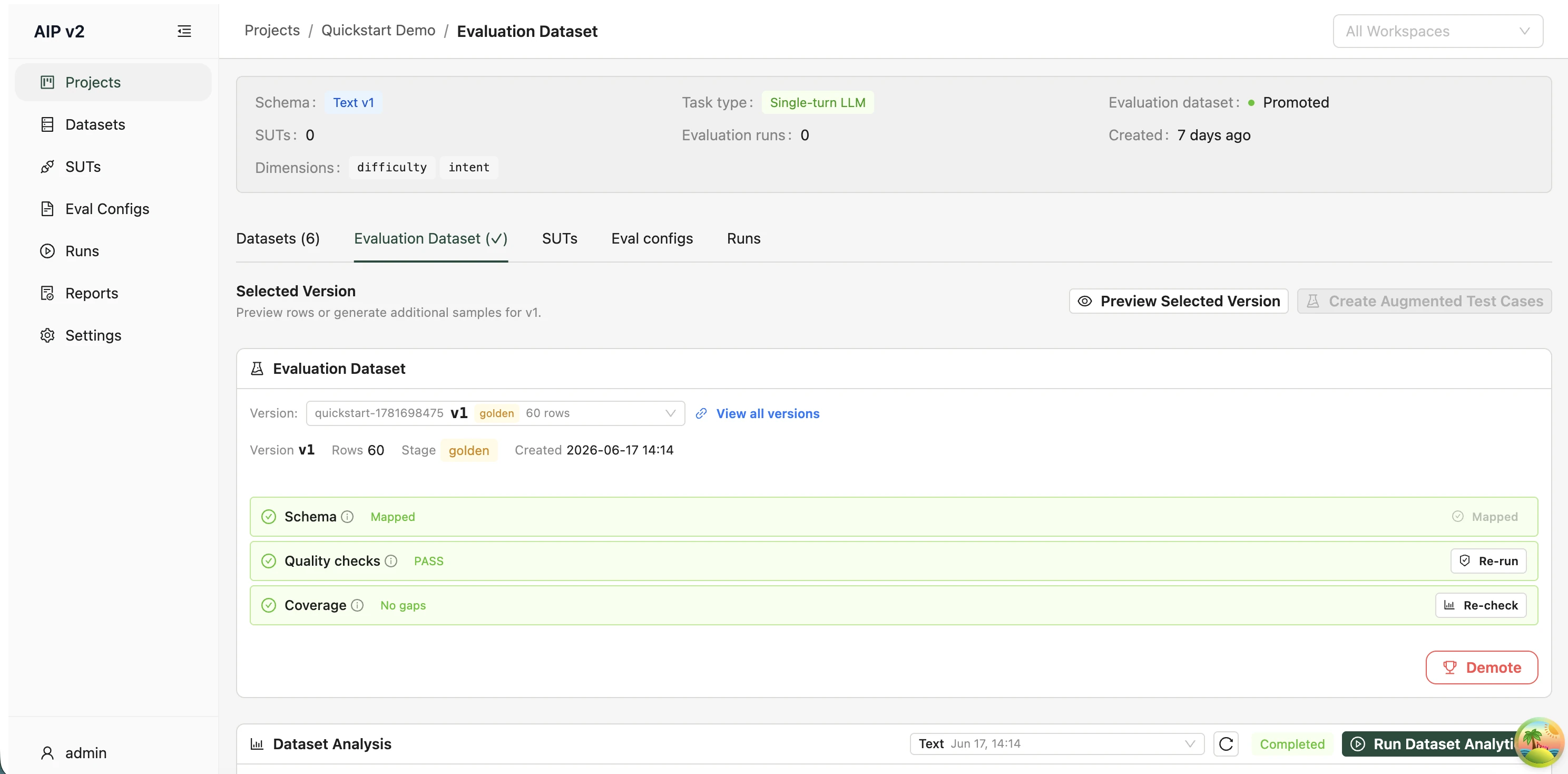 Evaluation Dataset tab showing coverage overview