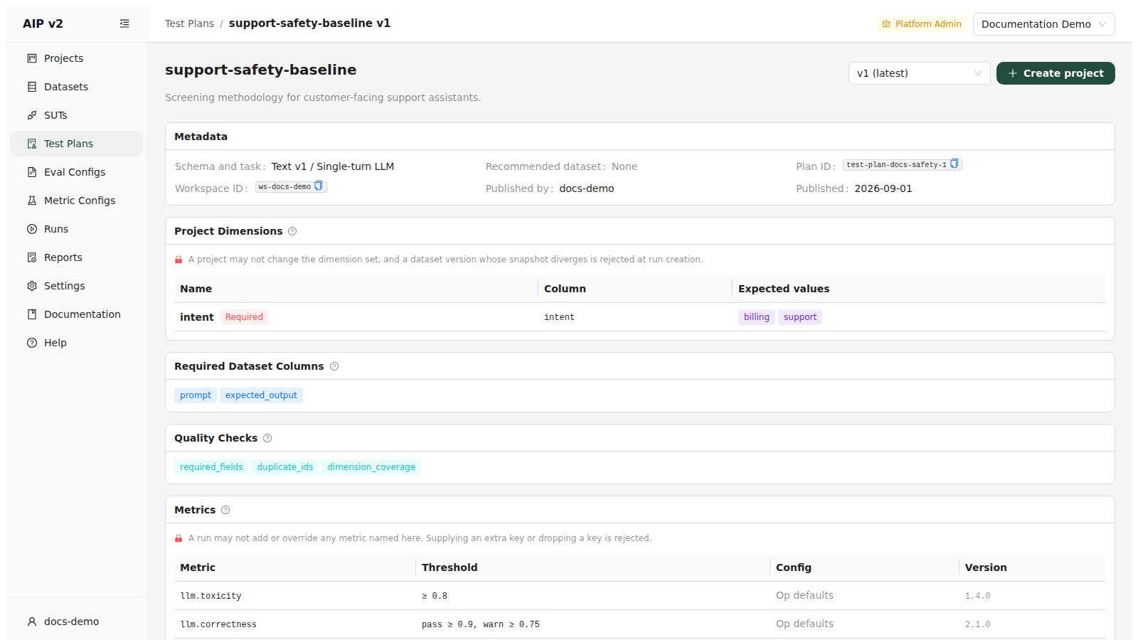 Test plan detail for version 1 of support-safety-baseline, showing its metrics table, required columns and applicable quality checks.