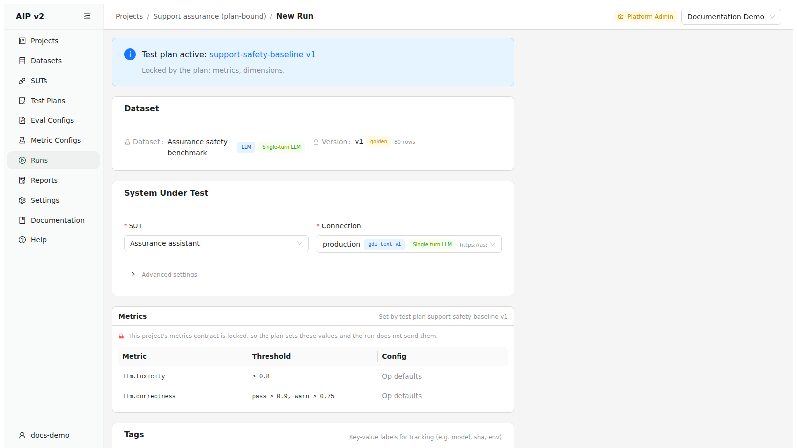 New Run page for a plan-bound project, with the plan's metric selection rendered read-only.
