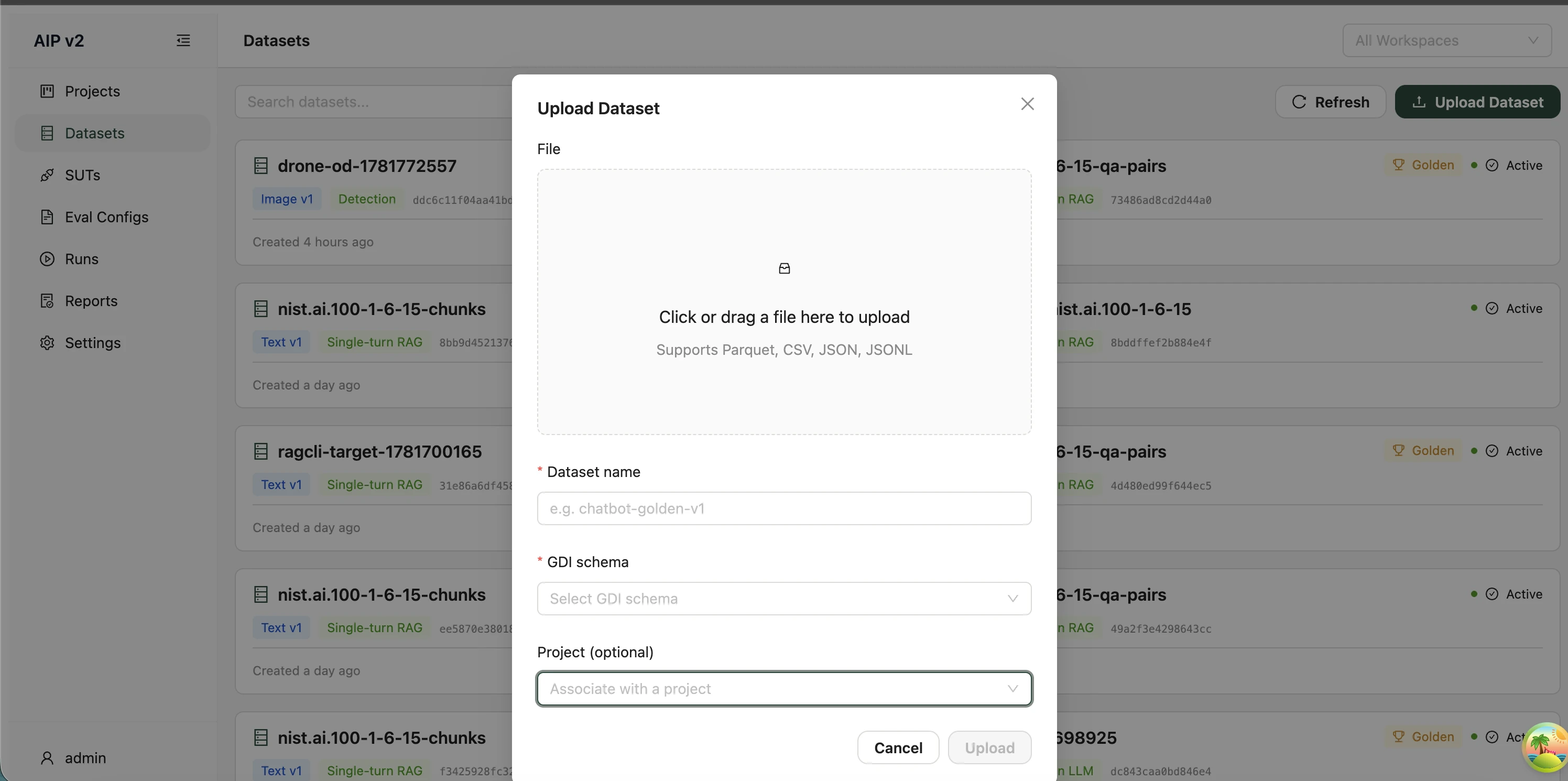Upload Dataset modal