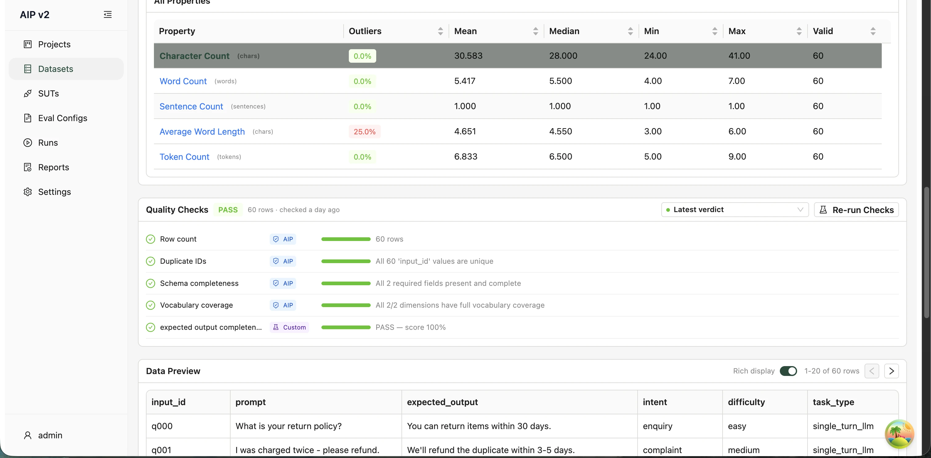 Data Preview panel rendering dataset rows