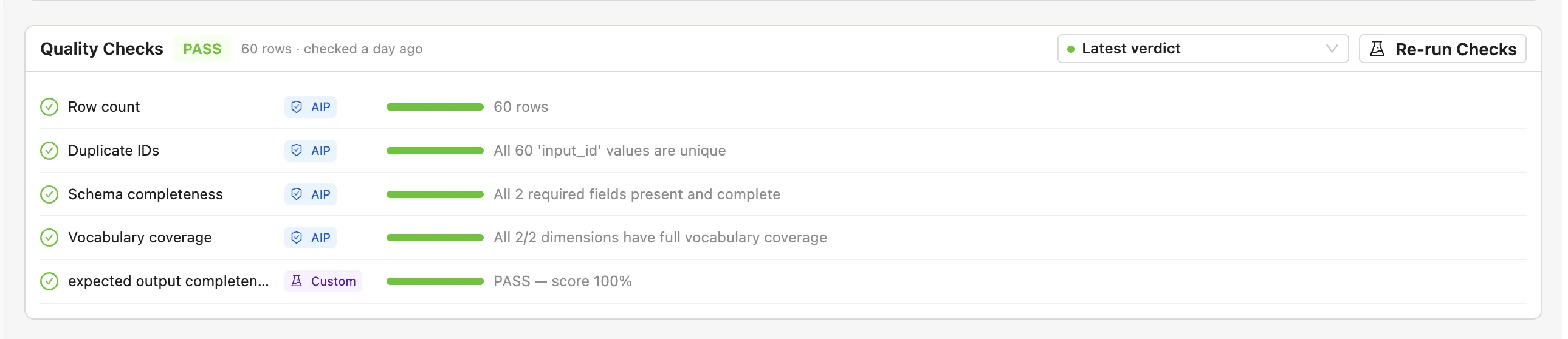 Quality Checks panel with verdict and per-check rows