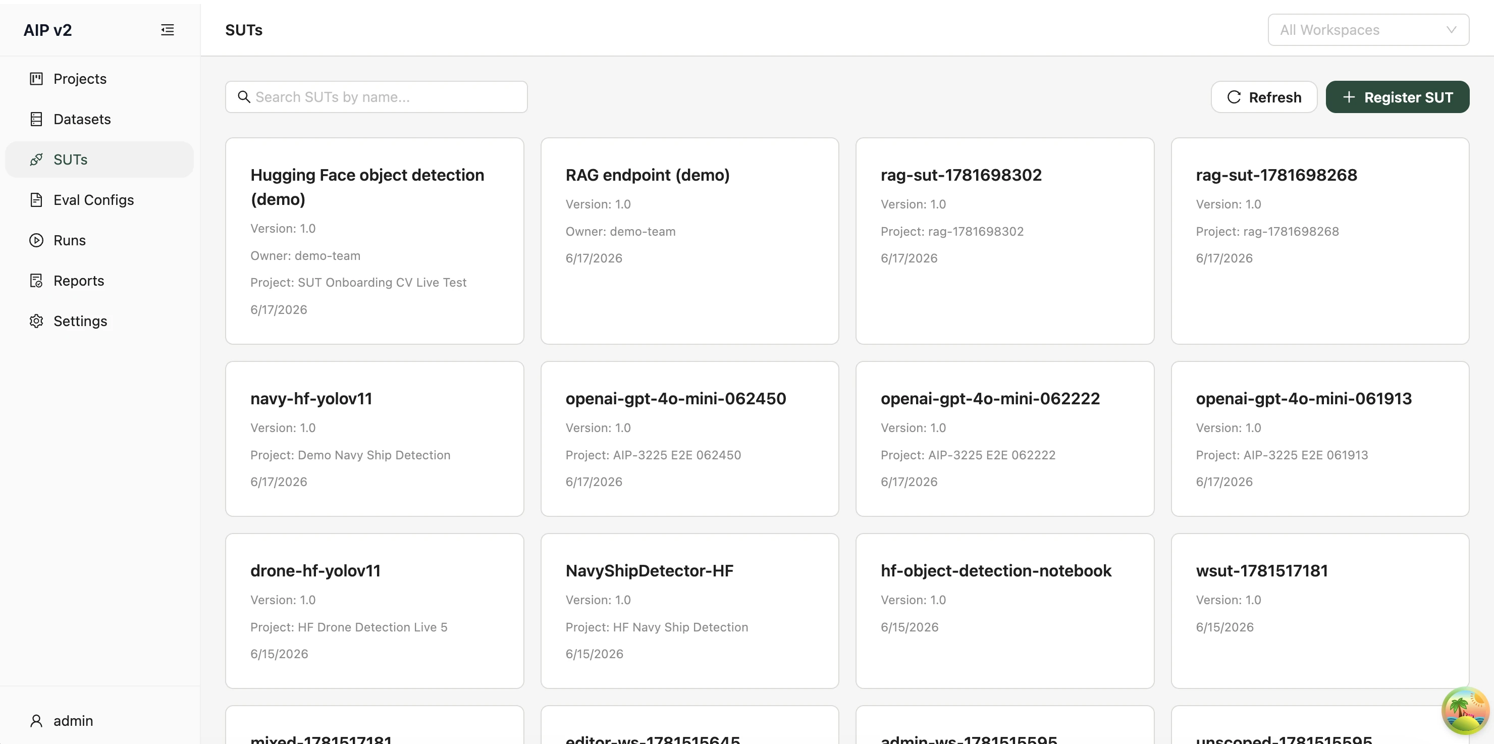 The SUTs list of system cards