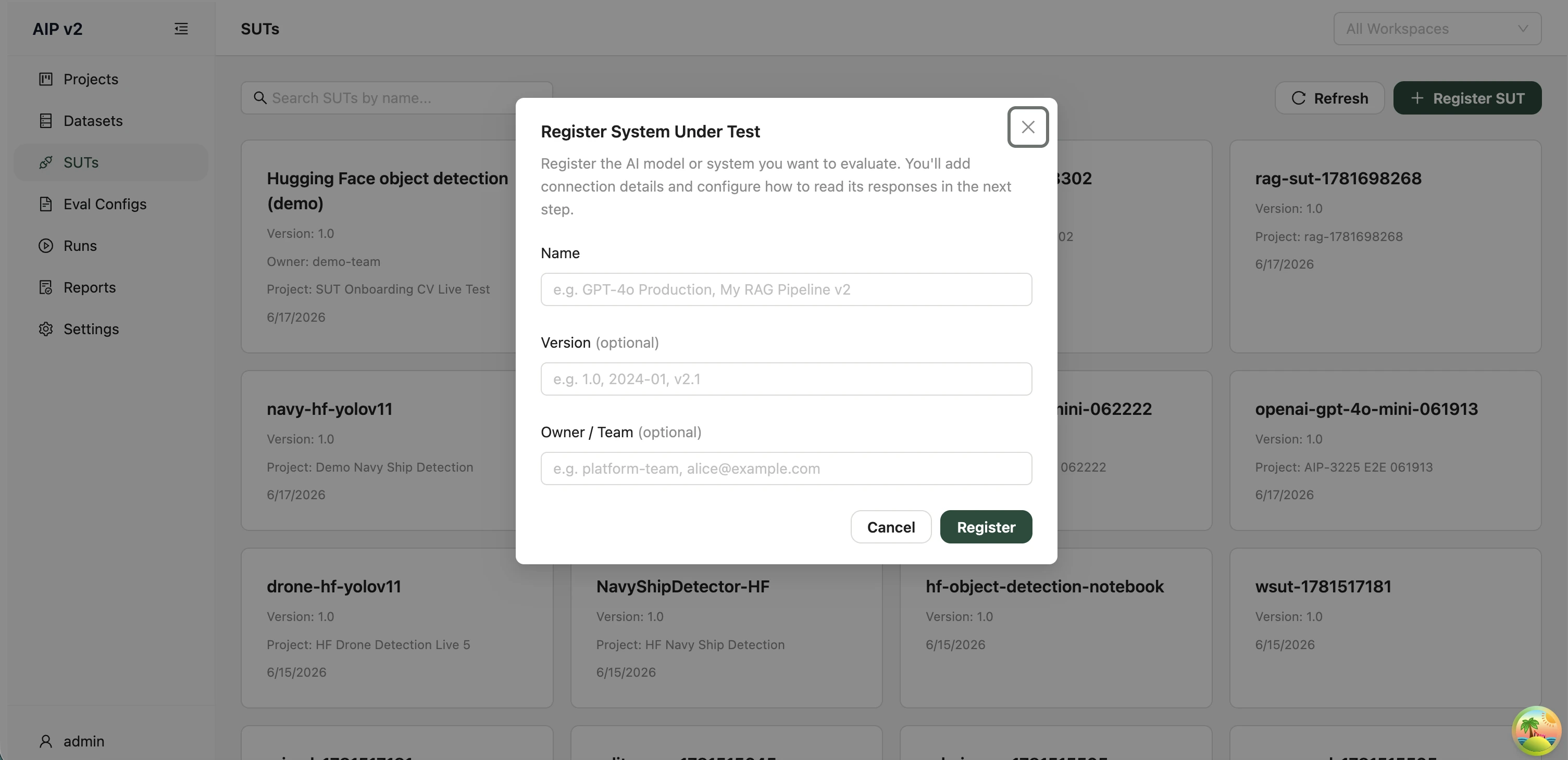 Register SUT modal