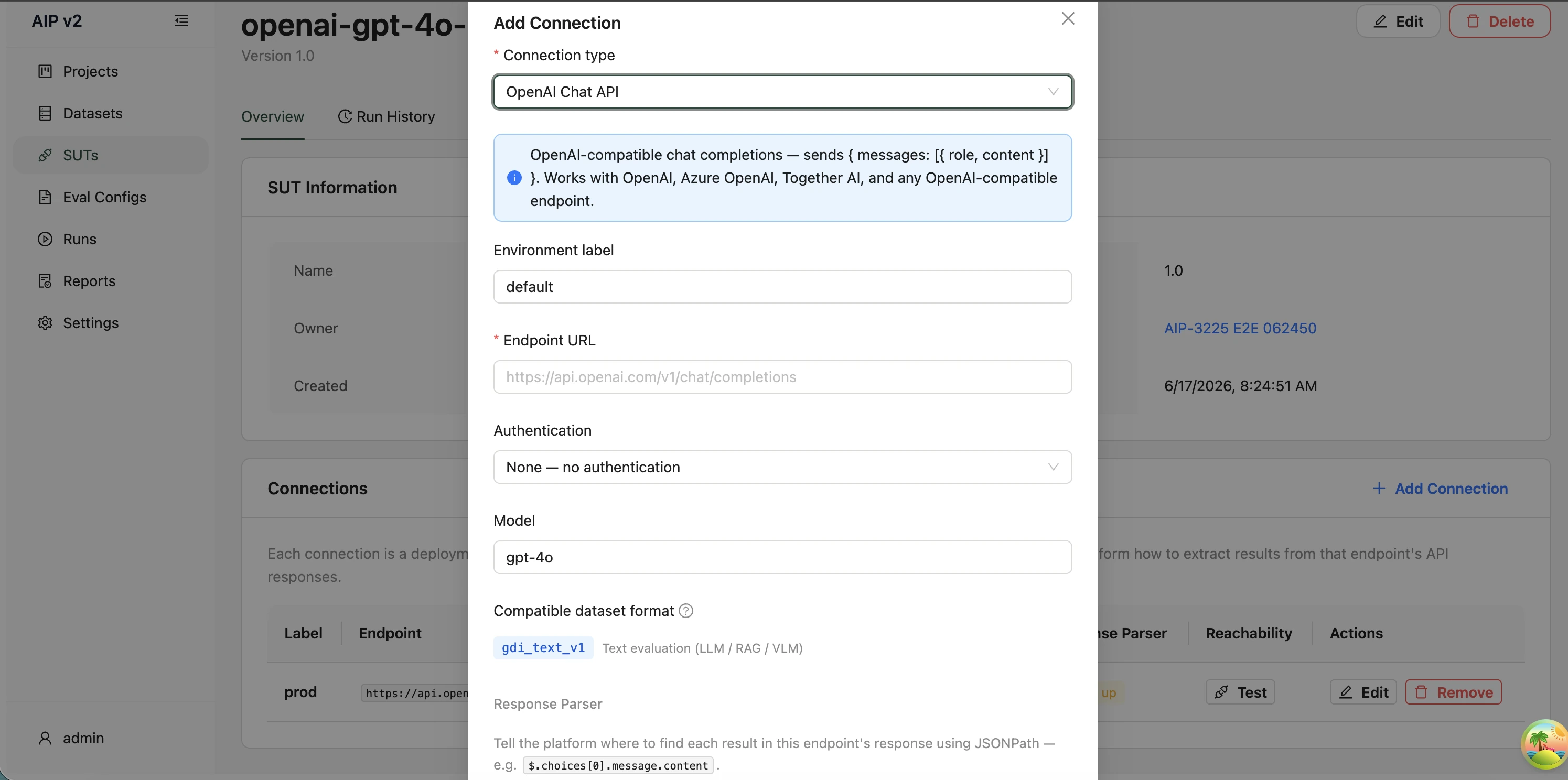 Add/Edit Connection modal with response parser