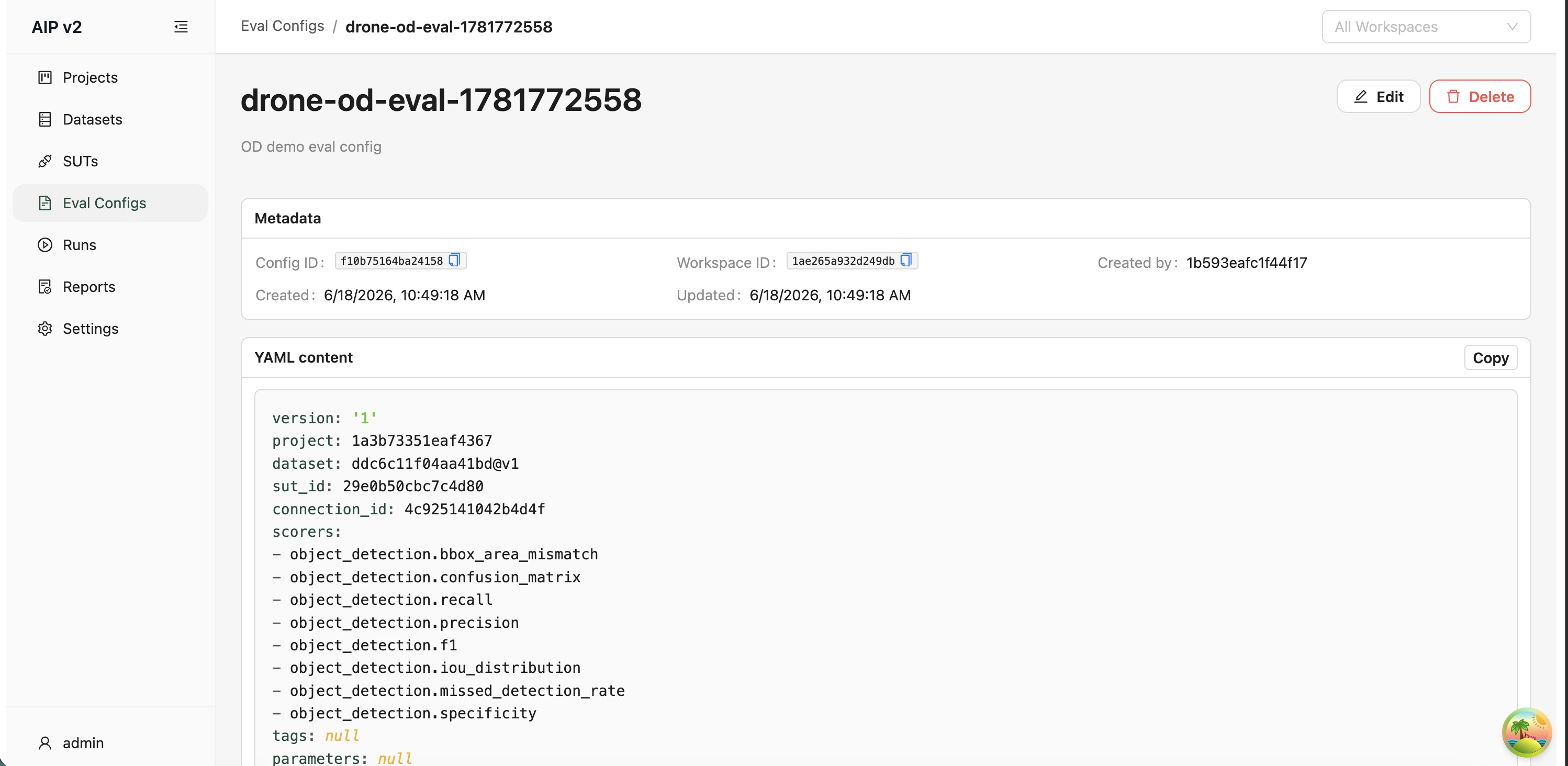 Eval config detail page showing YAML