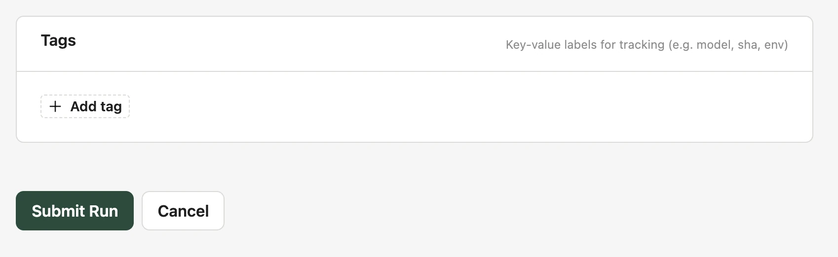 New Run — Tags card and Submit Run