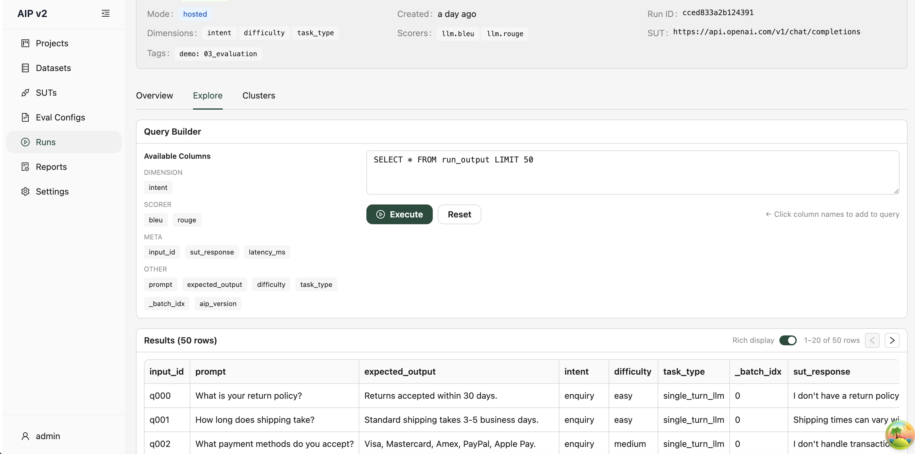 Explore tab SQL workbench