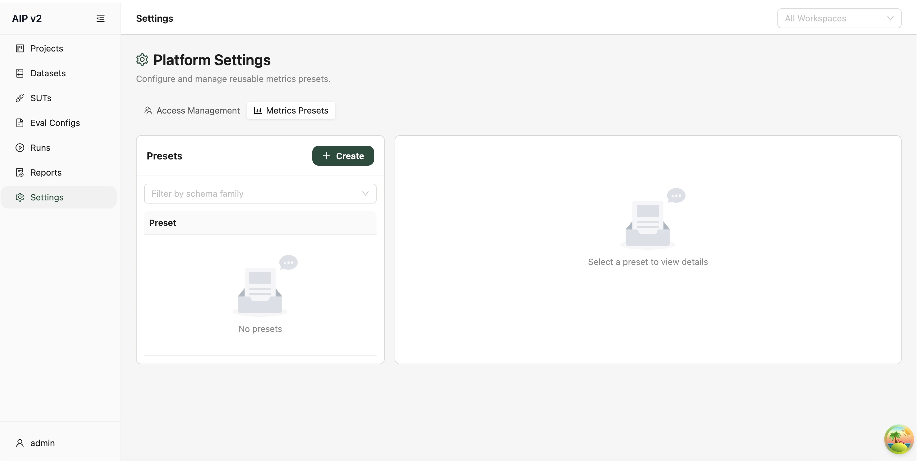 Settings — Metrics Presets