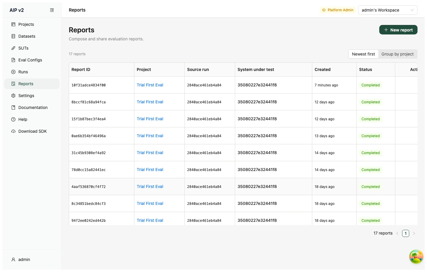 The Reports list
