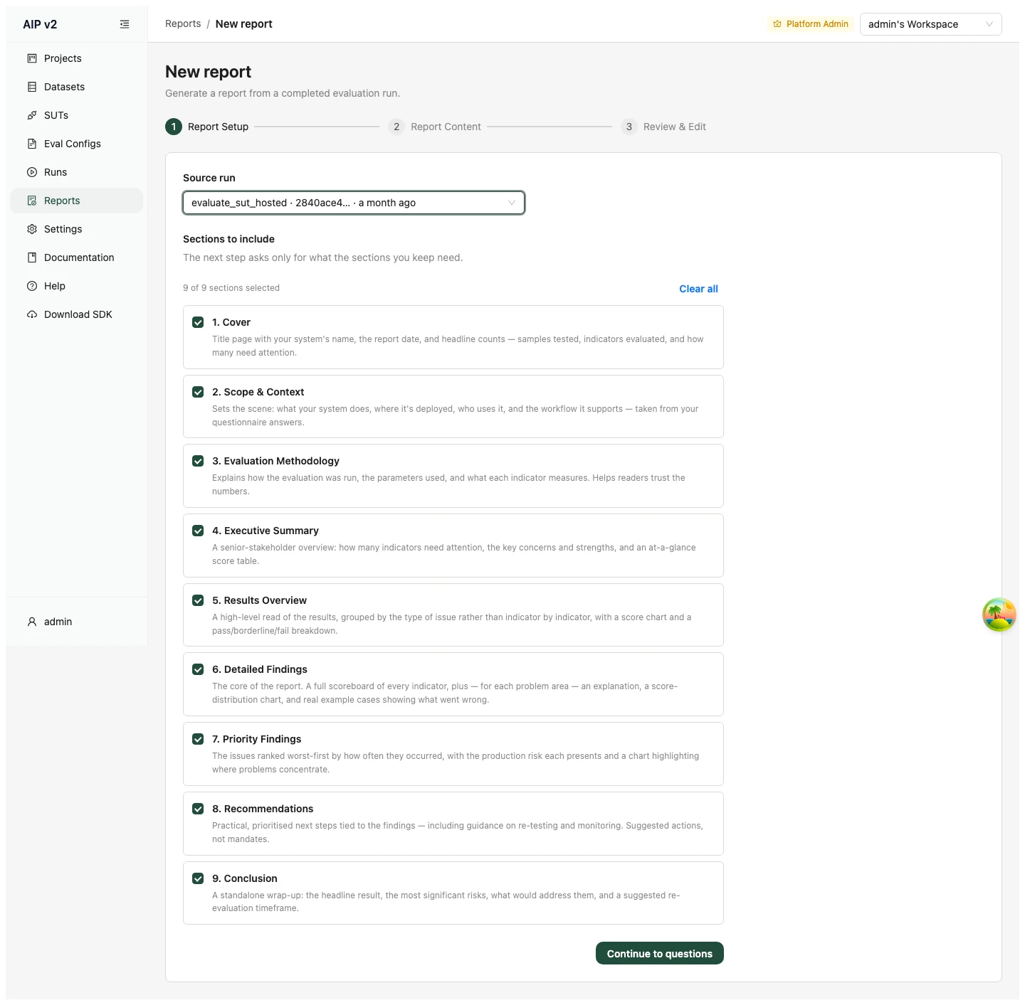 New report wizard — Step 1: run &amp; sections