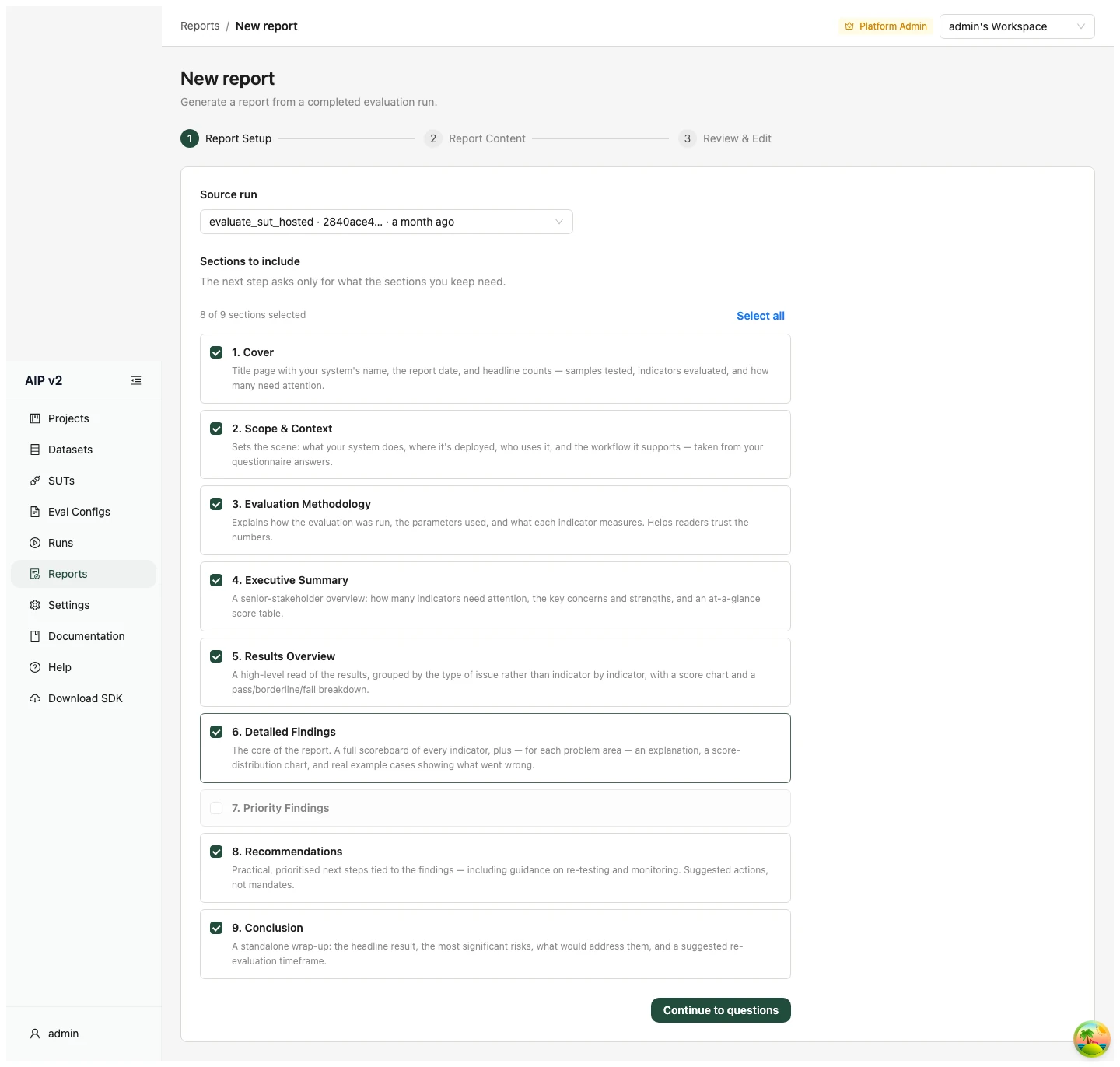 New report wizard — a custom section selection