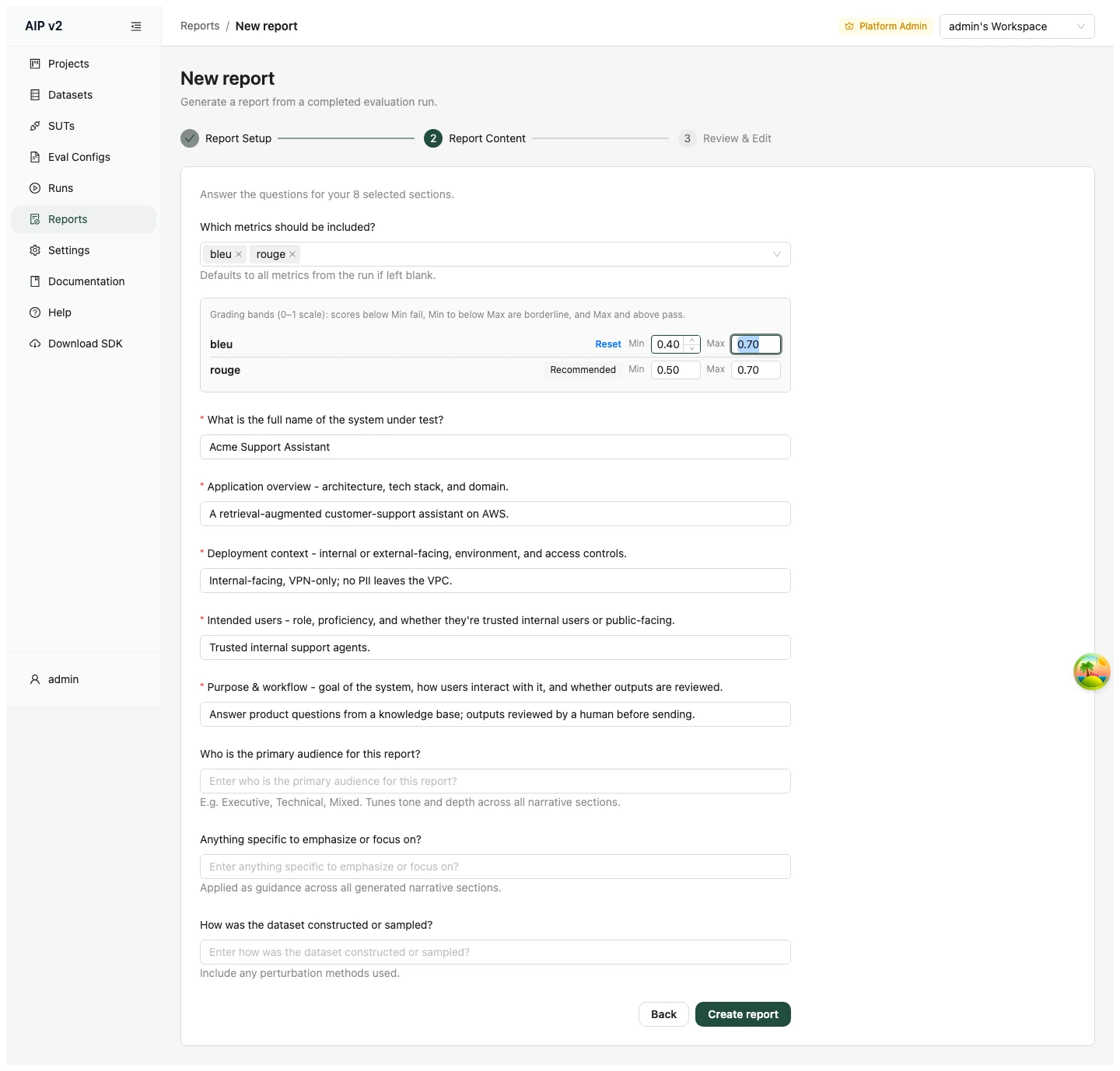 New report wizard — Step 2: questions and per-metric threshold controls