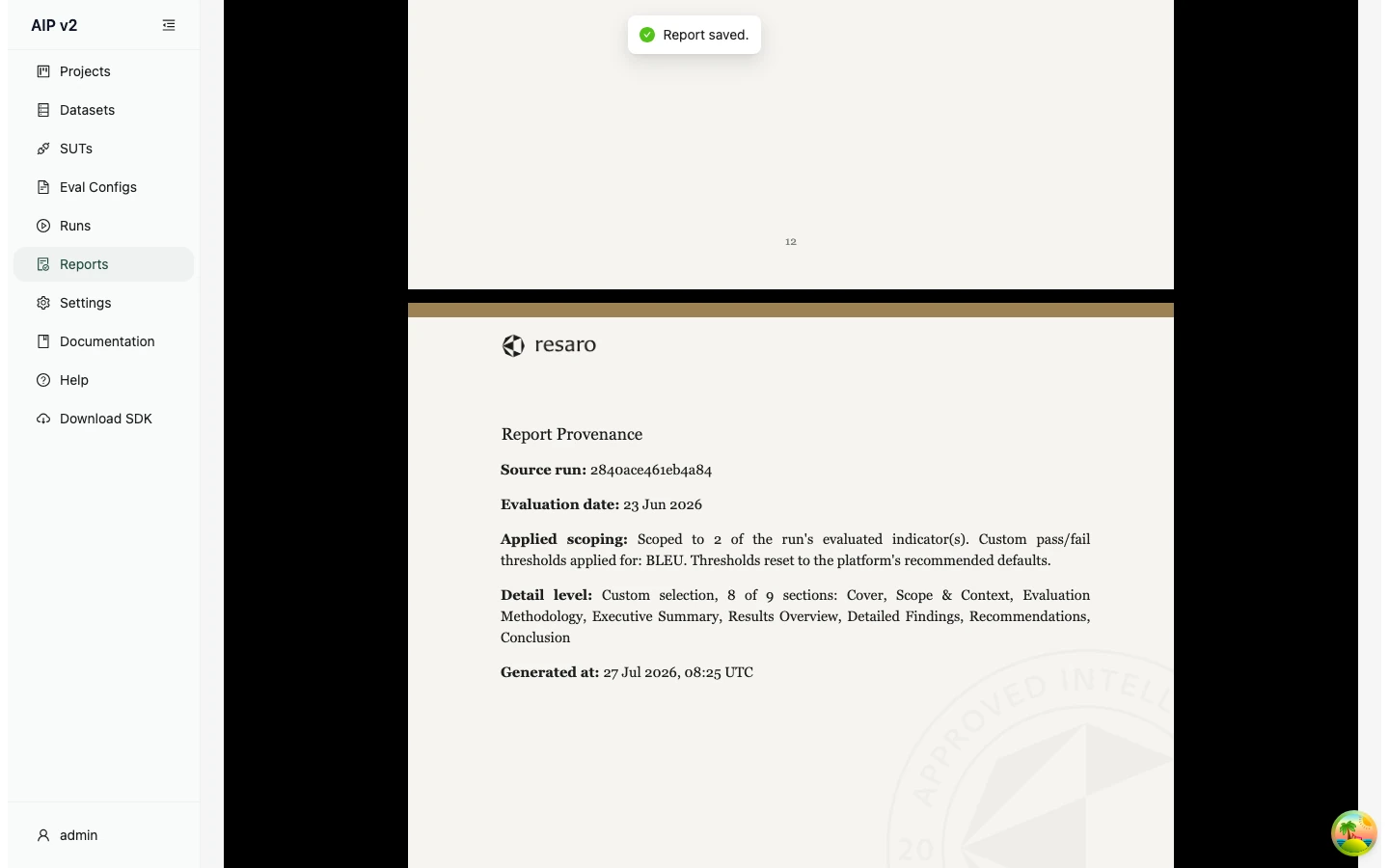 The report provenance footer